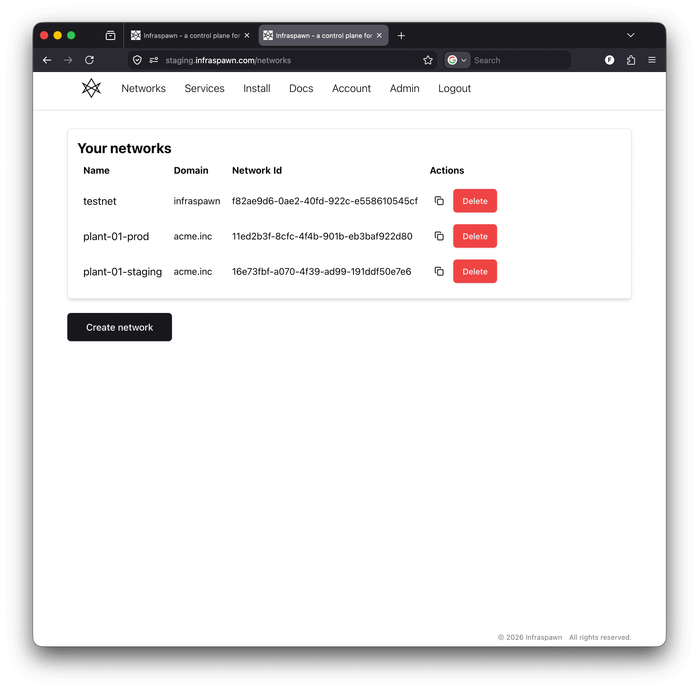 Infraspawn networks page listing testnet on the infraspawn domain and plant-01-prod and plant-01-staging on acme.inc, each with its network id