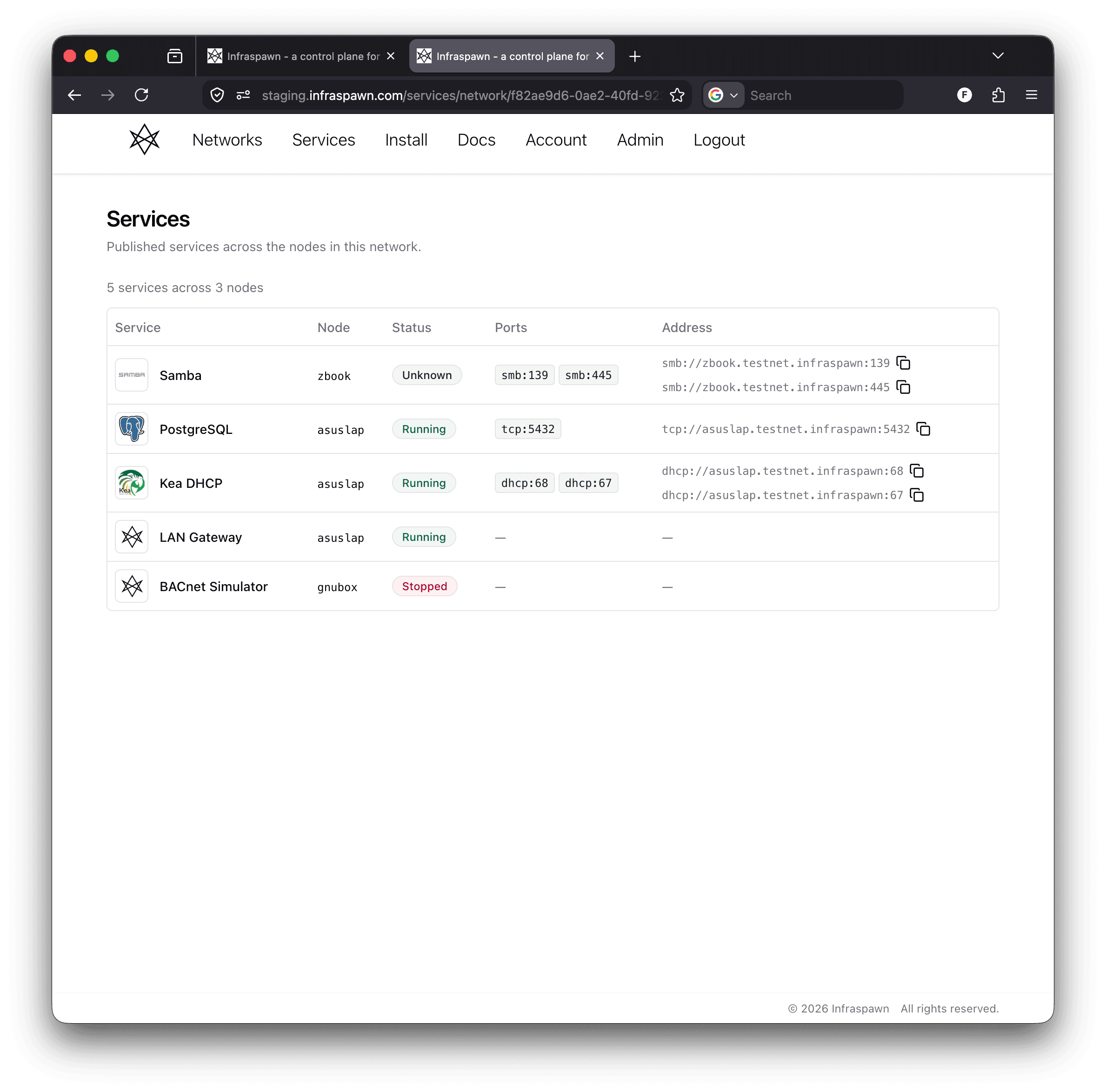 Infraspawn services table for one network: Samba, PostgreSQL, Kea DHCP, LAN Gateway and BACnet Simulator with the node each runs on, its status, the ports it opens, and its mesh address
