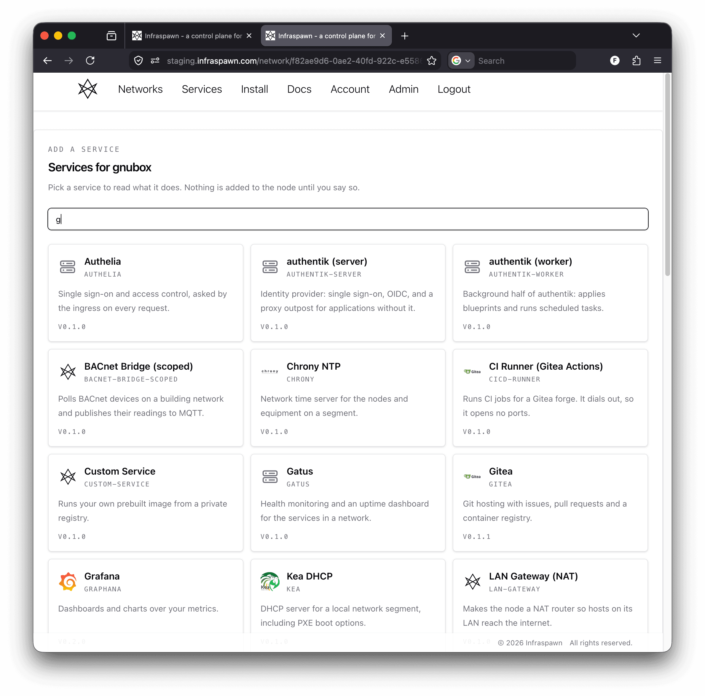 The service catalogue for the node gnubox: cards for Authelia, authentik, a BACnet bridge, Chrony, a Gitea CI runner, a custom service, Gatus, Gitea, Grafana, Kea DHCP and a LAN gateway, each with a description and a version