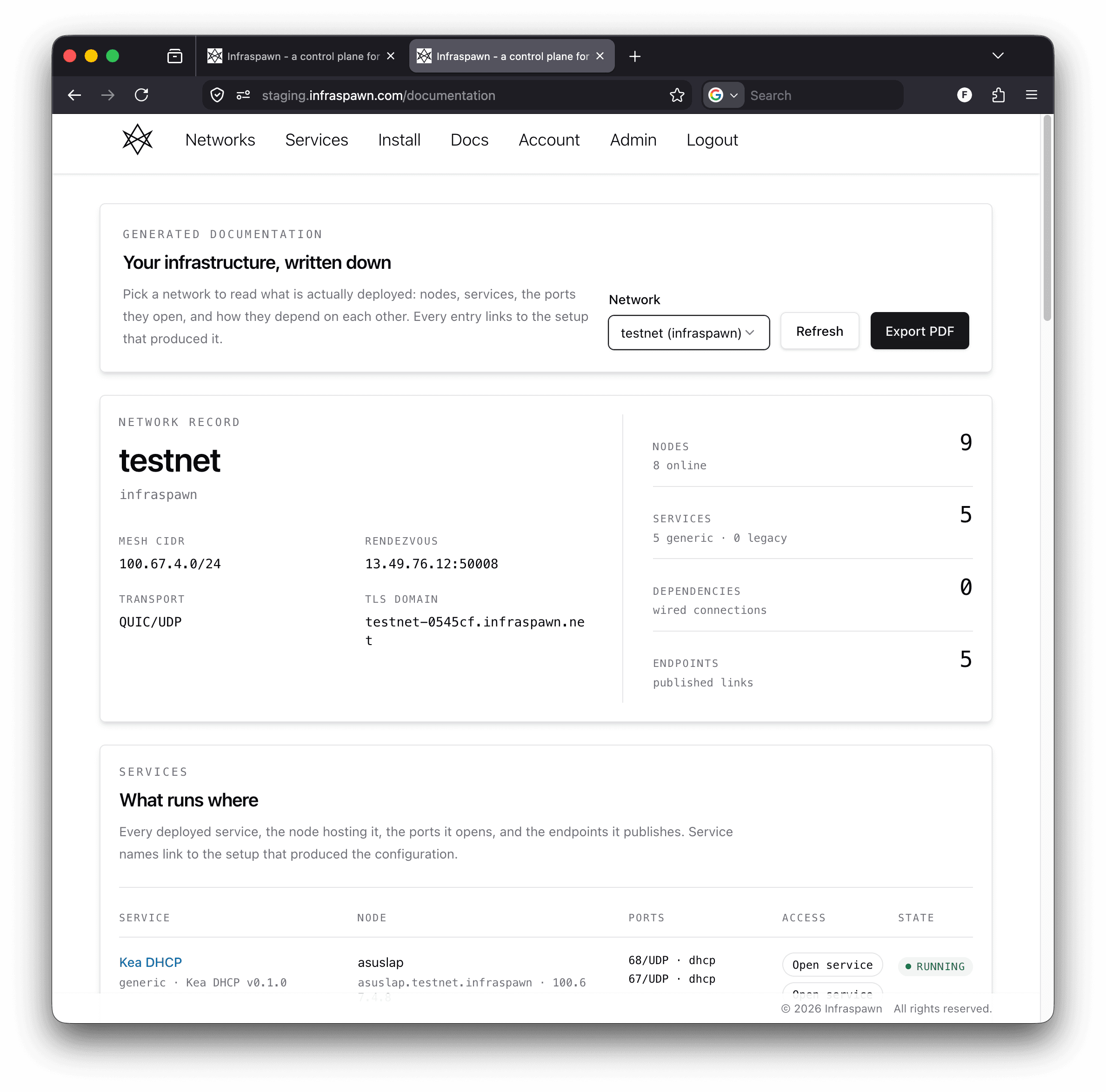 Generated documentation for testnet: mesh CIDR, rendezvous address, transport and TLS domain alongside node, service and endpoint counts, above the table of what runs where, with an export to PDF